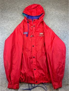 Vtg '95 Columbia Omni-Tech Jacket Men Size L Red Hooded Lightweight Windbreaker